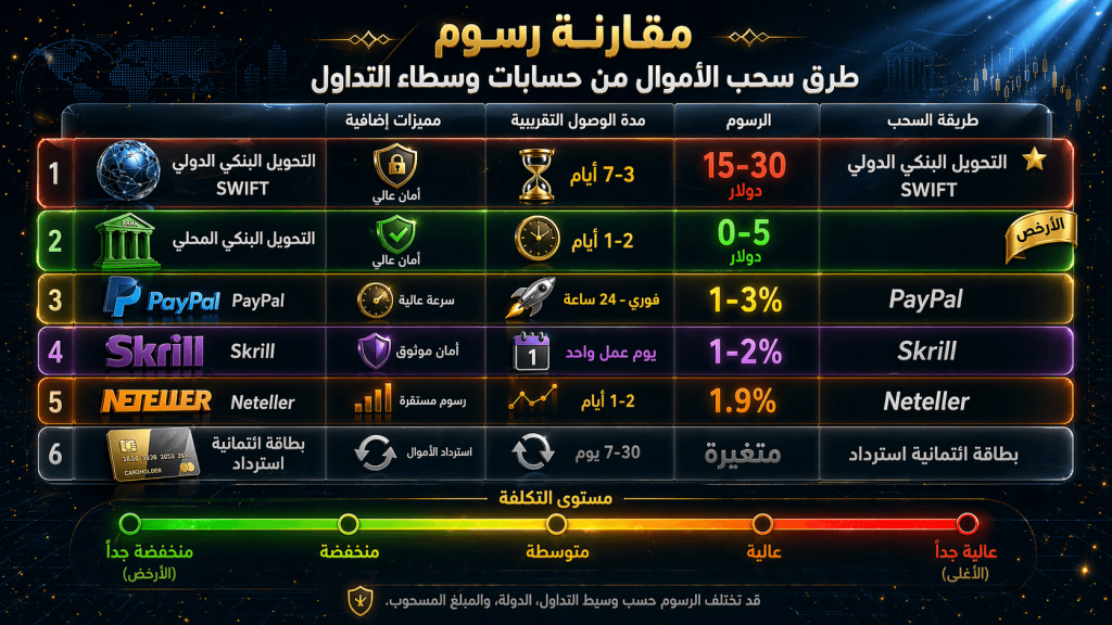 مقارنة رسوم طرق السحب من حسابات الوسطاء