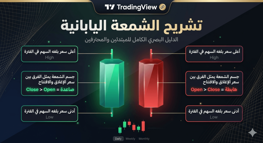 شرح مكونات الشمعة اليابانية على رسم بياني في منصة تريدنج فيو