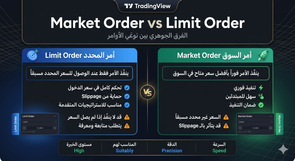نافذة تنفيذ أمر الشراء في تريدنج فيو مع توضيح حقول Market Order و Limit Orde