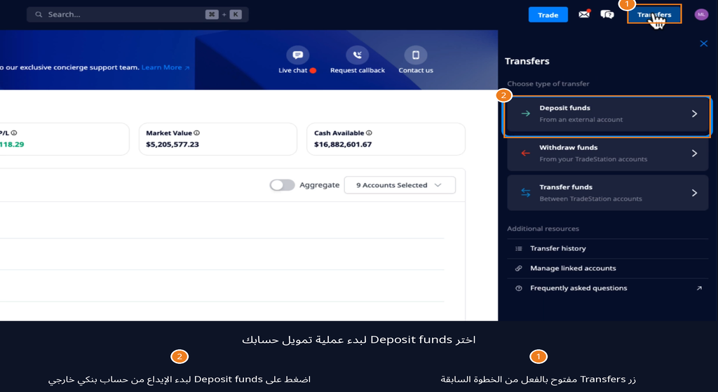 خيار Deposit Funds لإيداع الأموال في حساب TradeStation.