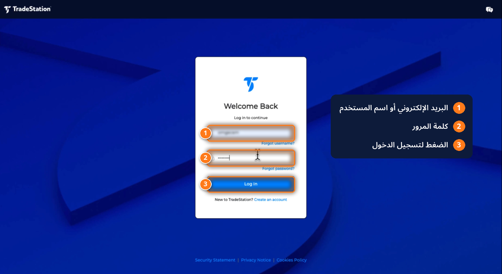 تسجيل الدخول إلى حساب TradeStation.