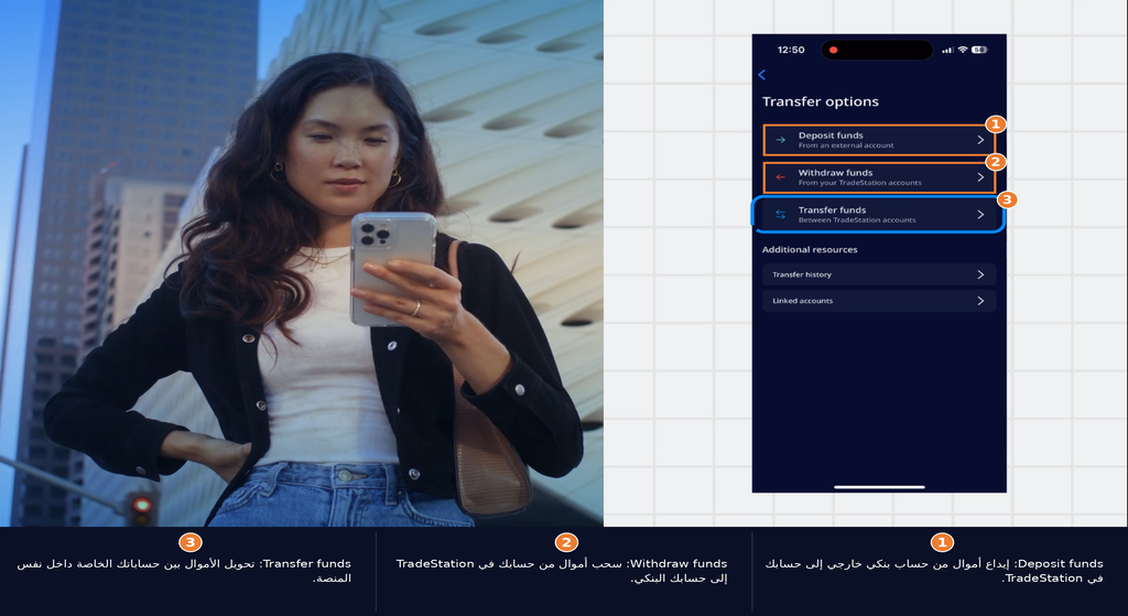 خيارات التحويل داخل تطبيق TradeStation وتشمل الإيداع والسحب والتحويل بين الحسابات.